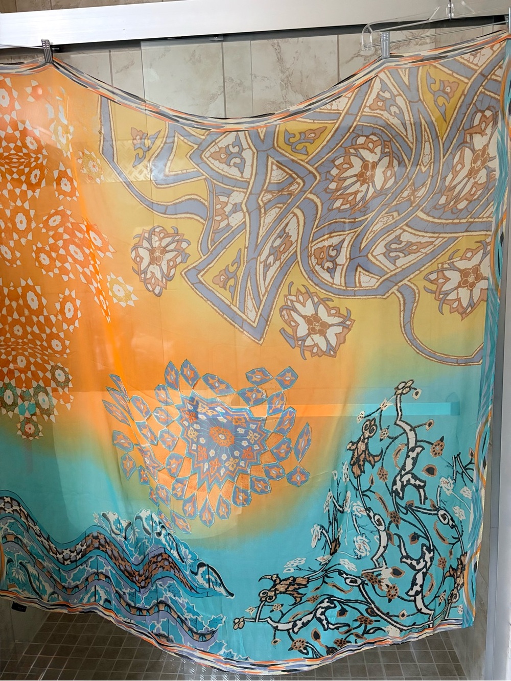 Etro Orange and Teal Patterned Italian silk scarf, 50β square